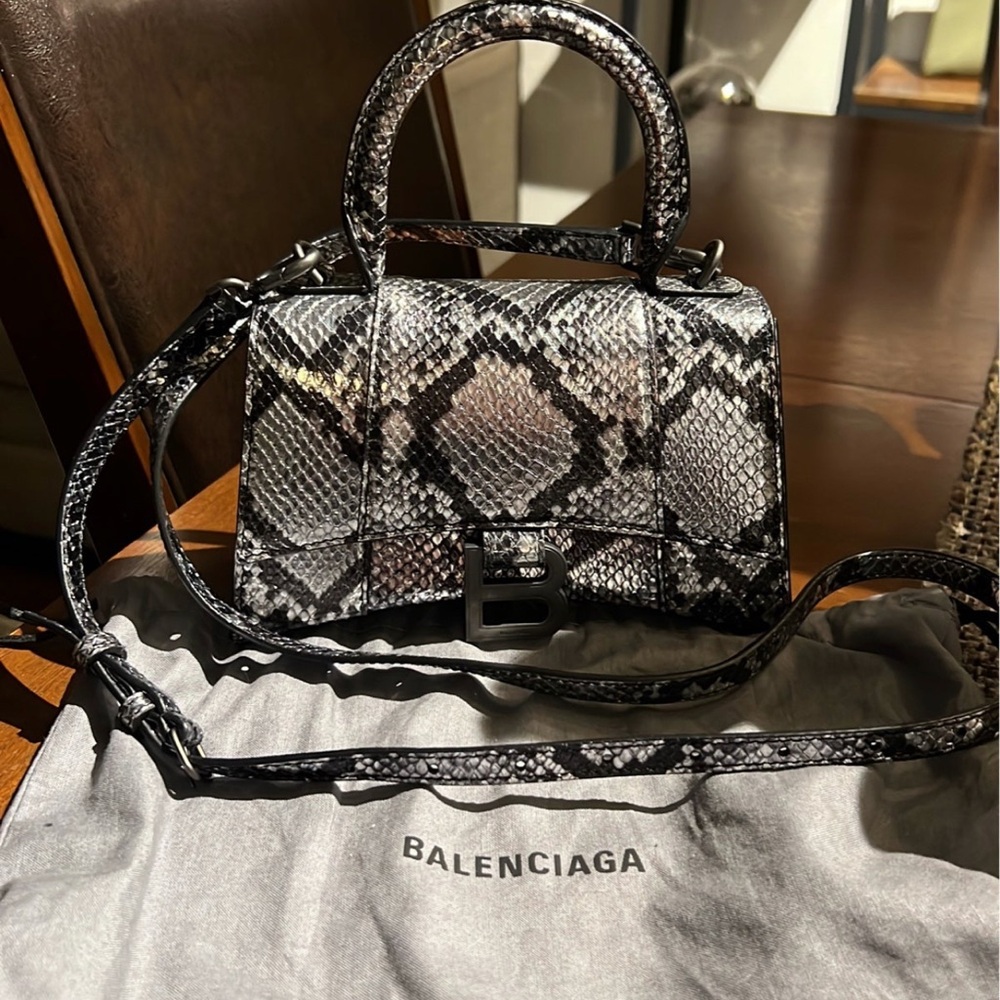 Balenciaga XS Hour Glass Snake Print Handbag - Black and Gray